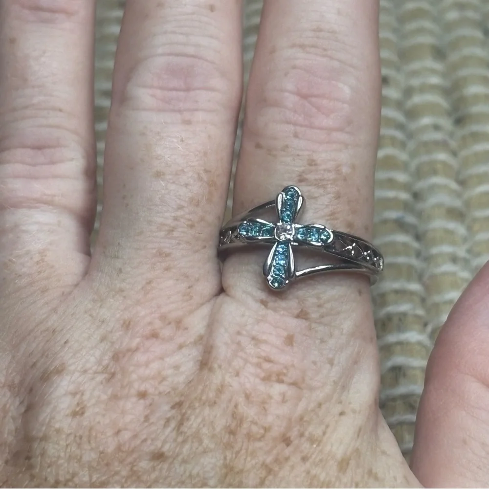 Blue and Clear CZ Silver Tone Cross Ring With God All Things are Possible Size 9 - Picture 3 of 9